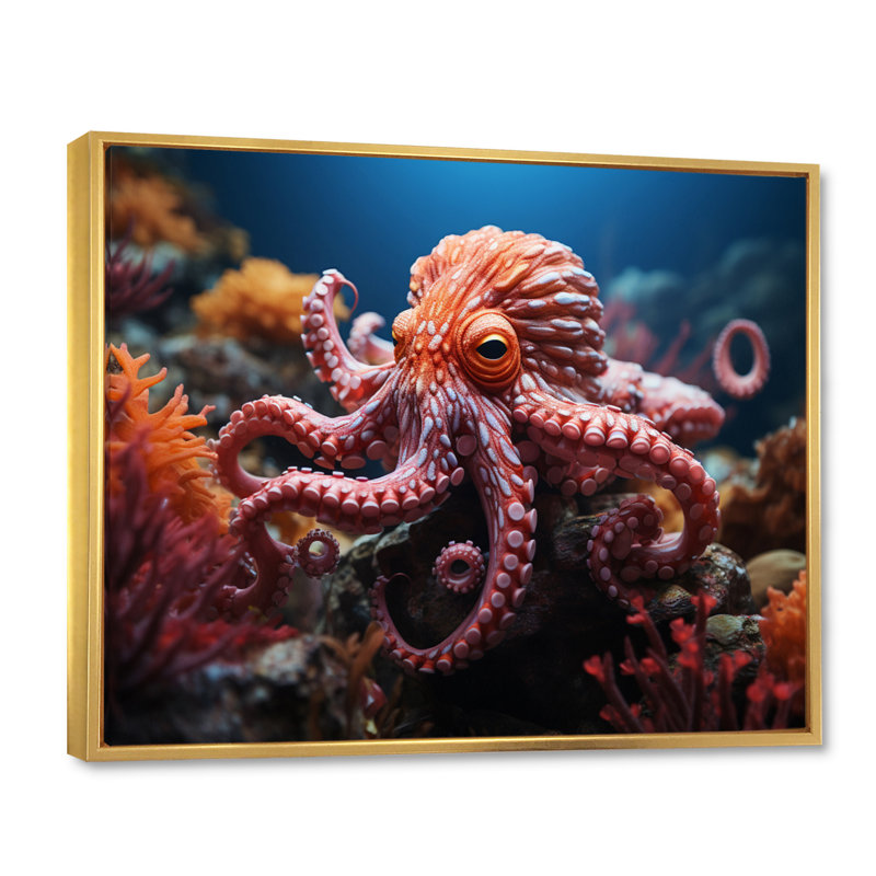 Coral Octopus Serene Submersion I - Animals Canvas Prints, 34" H x 44" W, Cadre flottant doré