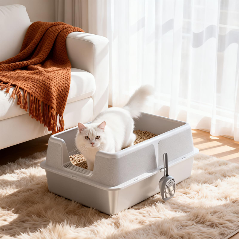 Extra Large Stainless Steel Cat Litter Box - High Sides, Enclosed Open Top, Odor Resistant, Leak-Proof , Scoop & Mat Included - For Multiple Large or Overweight Cats,  70x50x35cm, Bottom Tray 20cm