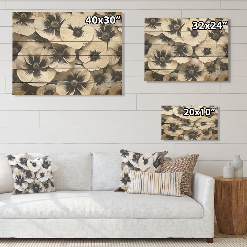 «White and Back Pansy Harmony I» - Art sur bois de pin naturel, H 30 po x l 40 po