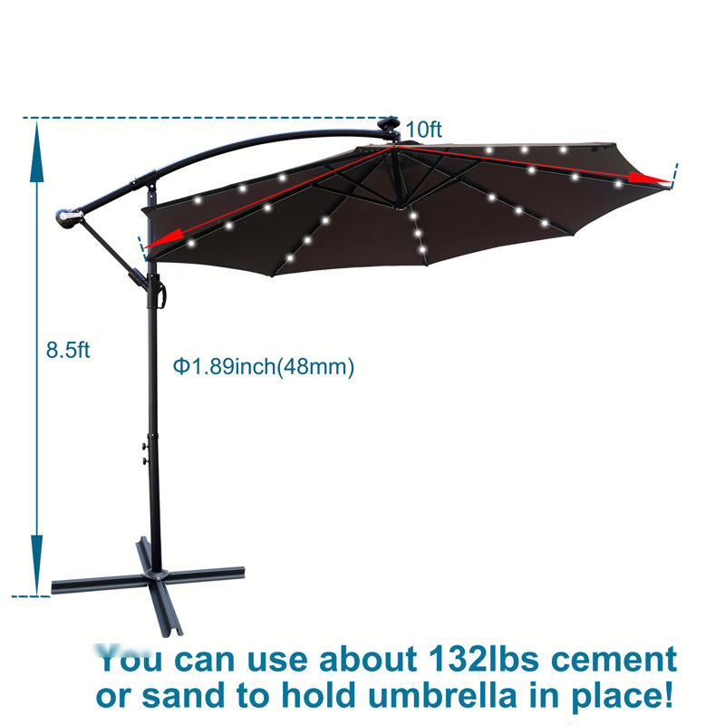 Parasol d'extérieur à DEL 10 pi - Chargé à l'énergie solaire, 8 nervures, pour piscine de jardin