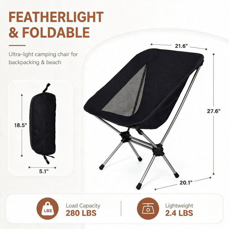 Chaise de camping portable pliable avec sac de transport, capacité de poids de 280 lb, noir, Noir