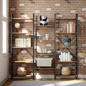17 Stories Bookcases And Bookshelves Triple Wide 5 Tiers Industrial Bookshelf, Large Etagere Bookshelf Open Display Shelves With Metal Frame For Living Room Bedroom Home Office