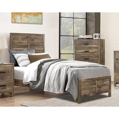 Structure de lit simple de style rustique à motif de lignes modernes, finition en pin vieilli, tête de lit et rails inclus, meuble de chambre à coucher, sommier essentiel, assemblage simple avec lignes, rails, moût