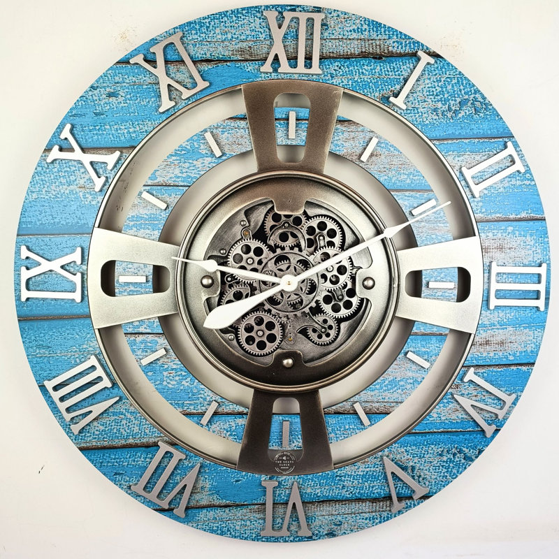 Wall Clock 36" Oversized for Living Room decor with Real Moving Gears England Collection, Ocean Blue
