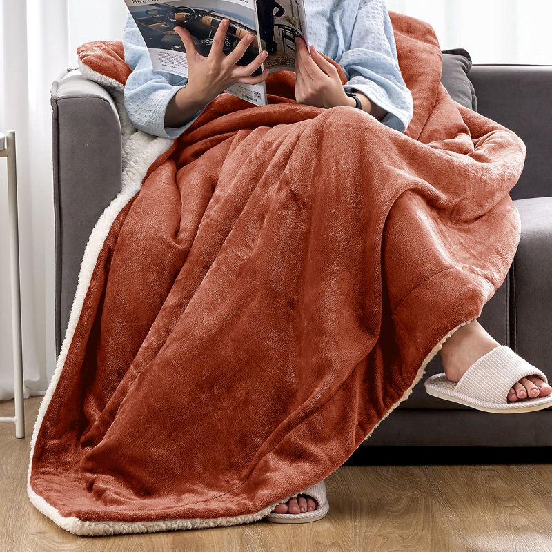 Luxury Sherpa Fleece Throw Blanket, Bedroom, Bedding, King size, Double, 150cm W x 200cm L, Rust