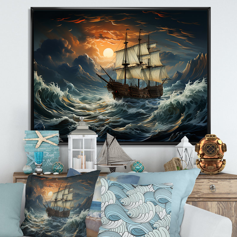 «Pirate Ship Legacy II», art mural pirate, H 24 po x l 32 po x P 1 po, Cadre flottant noir