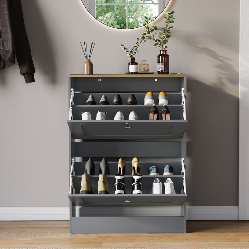 2 Drawer Shoe Cabinet with Oak Top Modern Shoe Storage For Hallway Living Room & Bedroom, Grey/Oak