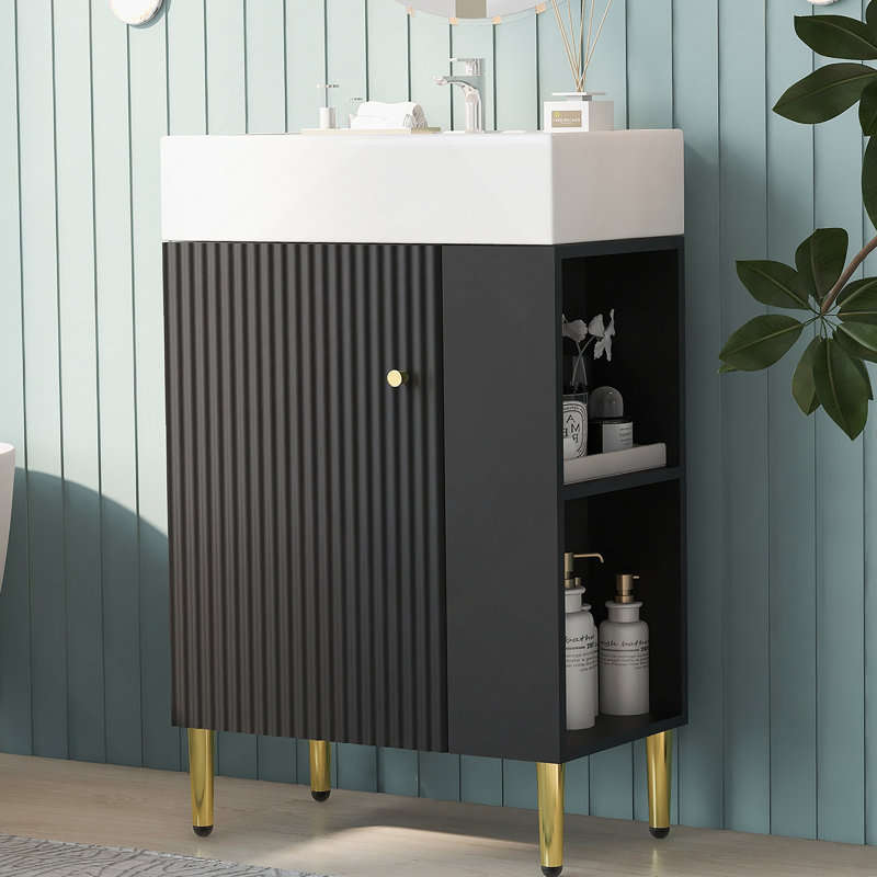 Meuble-lavabo 21,6 po, armoire combinée, meuble de rangement pour salle de bain, lavabo simple en céramique, rangement sur le côté droit