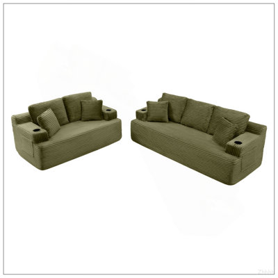 Boneless Sofa Couch with 2 Pillows Extra , Corduroy Fabric 5 Seater with Cup Holder  Side Pocket Upholstered Floor Easy Installation ,Green
