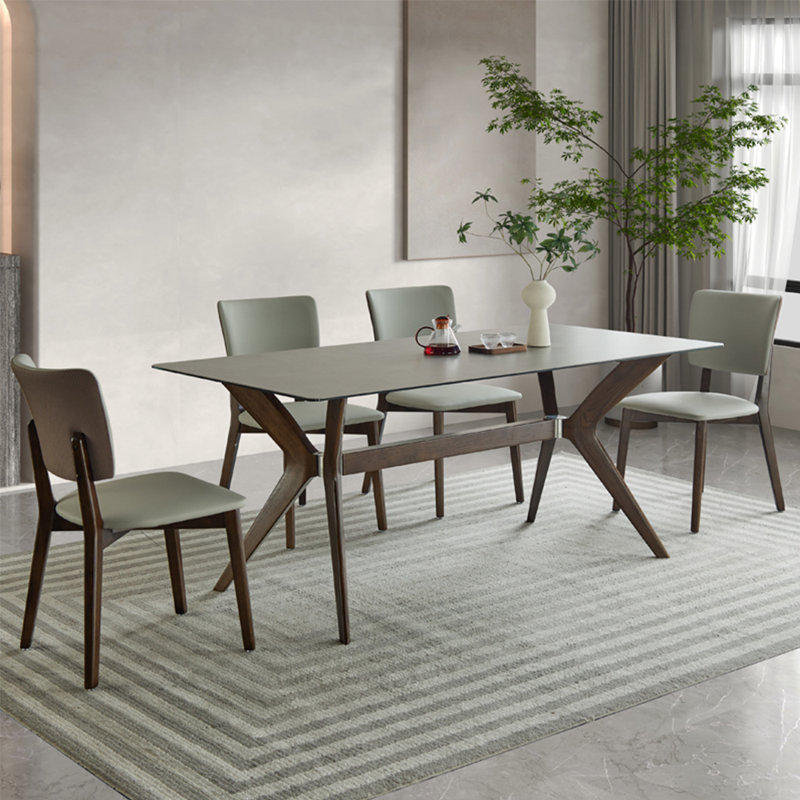 Minimalist Gray Rectangular Rock-Plate Table Chair 4 - Person Trestle Dining Set, 29.5"H x 62.9"L x 31.4"W