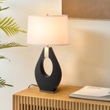 Pearson Table Lamp - Ebony Wood, Weathered Brass, White Cotton-Linen Shade