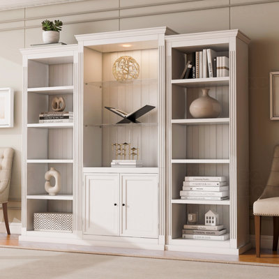 Tall 3-Pieces Bookcase Display Storage Cabinet With 5 Colors Adjustable Led Ceiling Light, Retro Style Bookshelves With Tempered Glass Shelves