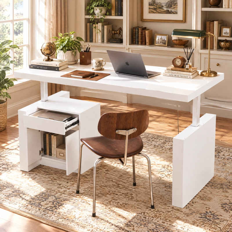 70.9" W L-Shaped Electric Standing Desk with 4 Height Presets, Side Storage Cabinet and Drawer, White