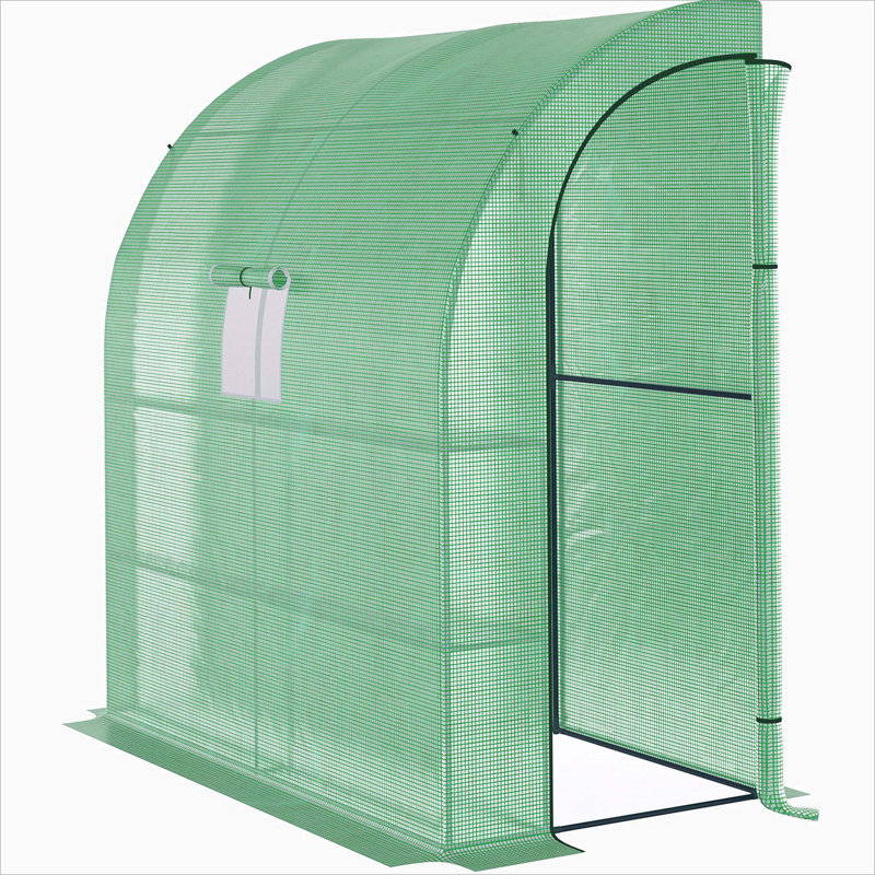 7' X 3' X 7' Lean To Greenhouse, Walk-In Green House, Plant Nursery With 2 Roll-Up Doors And Windows