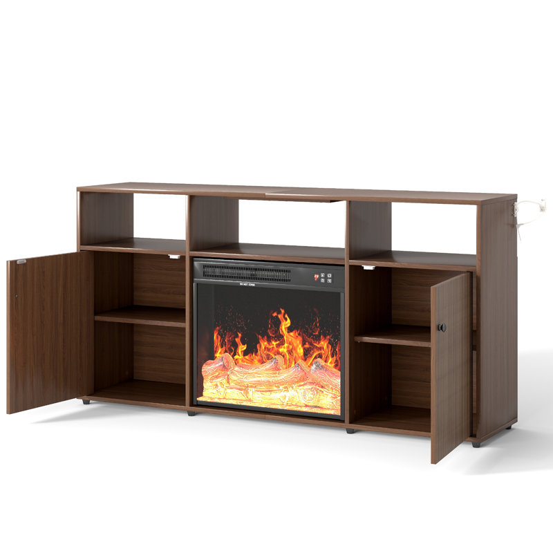 Meuble télé l 60 po pour téléviseur de 70 po ou moins avec foyer inclus, centre de divertissement cannelé avec 2 armoires pour le salon et la chambre à coucher