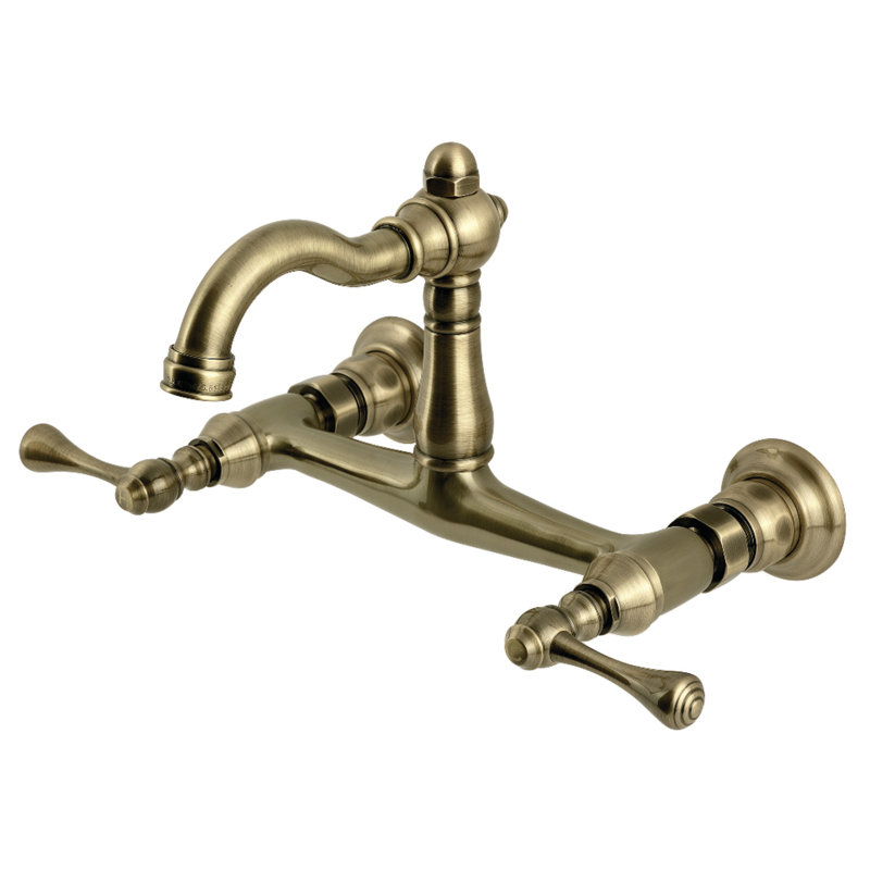 Kingston Brass Vintage Double-Handle 2-Hole Wall-Mount Bridge Kitchen Faucet, Antique Brass