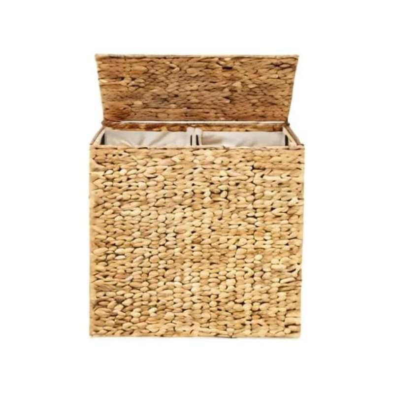 Large Double Laundry Hamper With Lid, Natural Handwoven Water Hyacinth, 2 Sections W/ 2 Machine Washable Linen Liner Bags, Portable, Handles