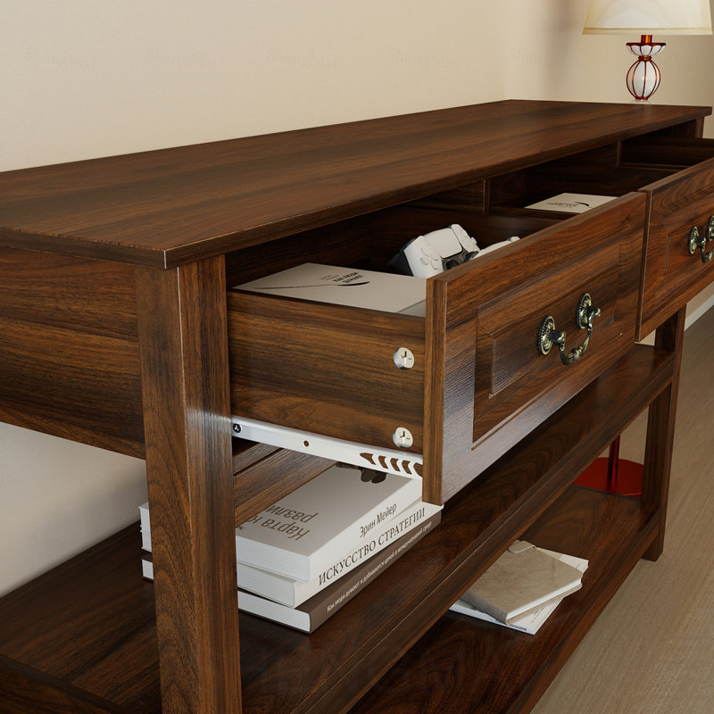 Console en bois avec 3 tiroirs, façades de tiroirs encastrées en bois aggloméré avec poignées en métal antique rétro, 2 tablettes de rangement ouvertes