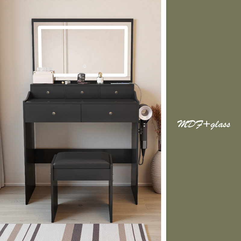 Nouveau grand bureau de meuble-lavabo à miroir pour chambre à coucher, ensemble de meuble-lavabo moderne avec prise de courant et support pour sèche-cheveux, 5 tiroirs