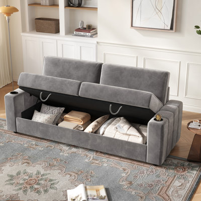 Canapé 88 po avec accoudoirs carrés en velours avec rangement, siège profond avec ports de charge USB et porte-gobelets