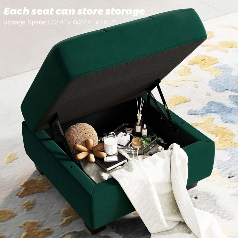 Repose-pieds rembourré en lin et velours Buckleton, Velours vert