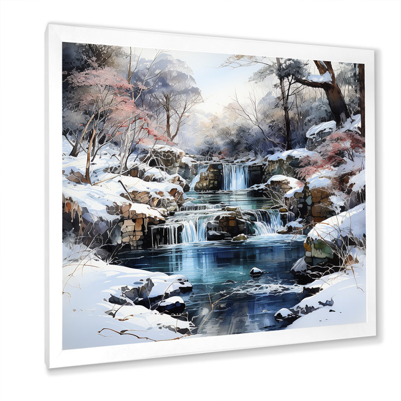 «Waterfall Charm In Winter», reproduction sur toile, H 16 po x l 16 po x P 1 po, Cadre simple blanc