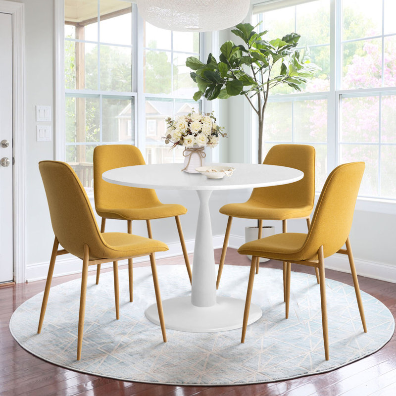 Folmar 4 - Person Dining Table Sets With 35'' Round Table & 4 Upholstered Fabric Chairs, Yellow