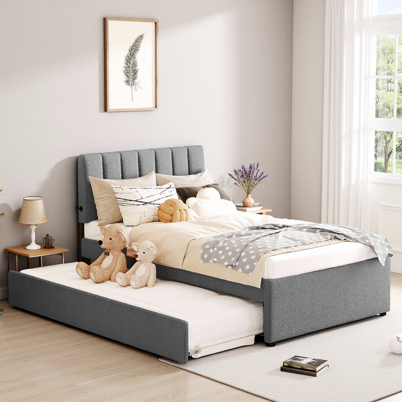 Lit plateforme tapissier classique avec gigogne et éclairage DEL Smart Teddy, Lit simple, Gris