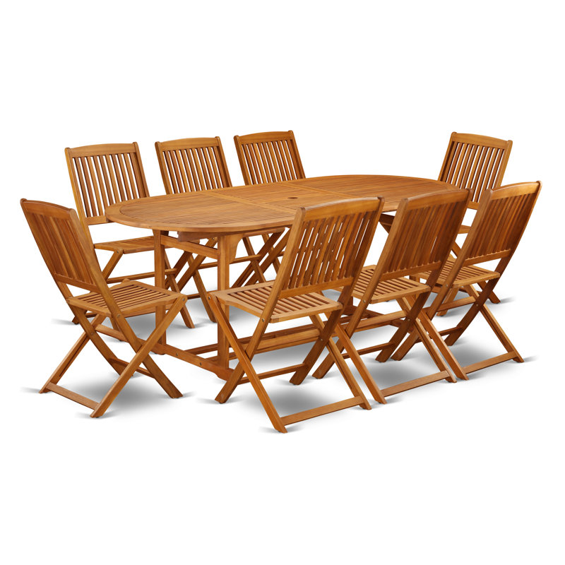 Ensemble de salle à manger 9 pièces pour patio comprenant une table ovale d'extérieur en bois d'acacia et 8 chaises d'appoint pliantes, huile naturelle