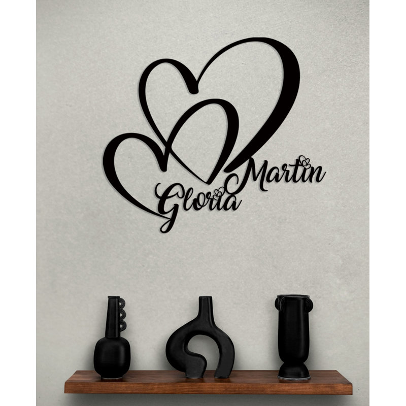 Décoration murale personnalisée en métal double cœur et amour pour la Saint-Valentin ou cadeau de mariage, Noir mat, Oui