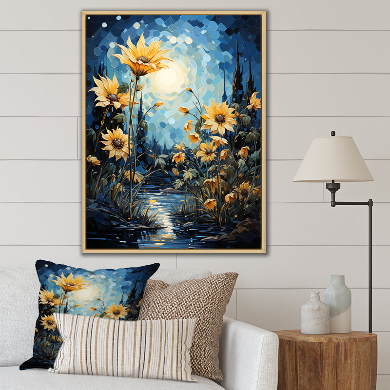 Expressionniste énergie tournesols sur toile, Cadre naturel flottant, H 32 po x l 16 po x P 1 po