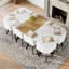 Ensemble de table de salle à manger 9 pièces, plateau de table fixe en simili marbre blanc et grain de bois avec 8 chaises en cuir PU blanc, ensemble de table de cuisine moderne pour 8 personnes, idéal pour les réunions de famille, la salle à manger