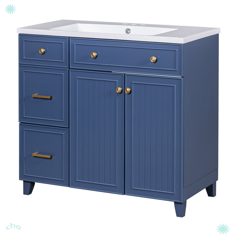 Armoire de salle de bain de style transitionnel de 36 pouces avec lavabo en résine, Bleu marine