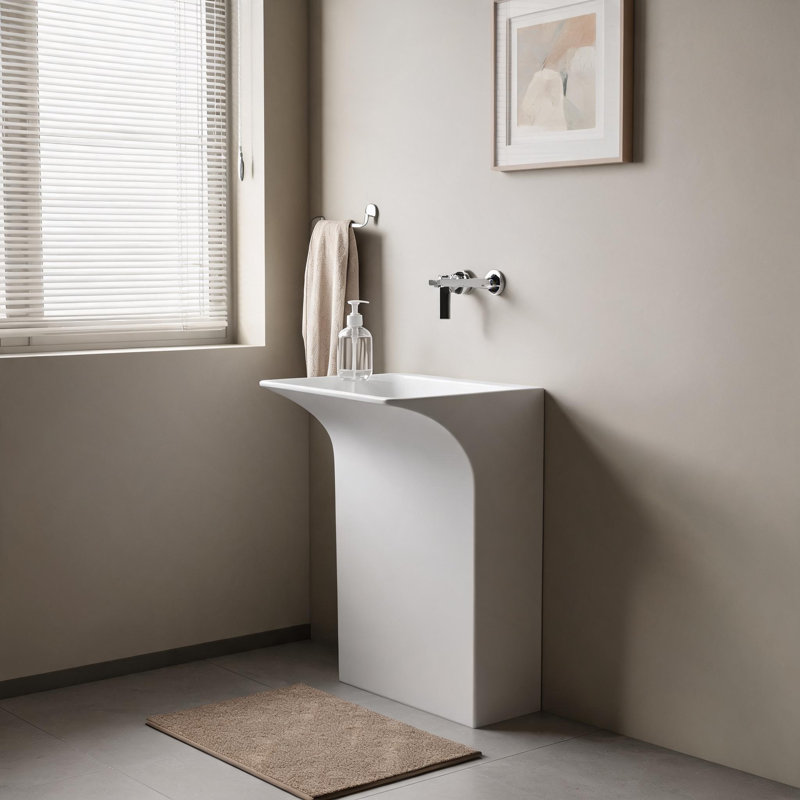 33 inch Matte White Solid Surface Wall Mounted Pedestal Sink with Hidden Linear Drain and Wall Mount Faucet Compatibility