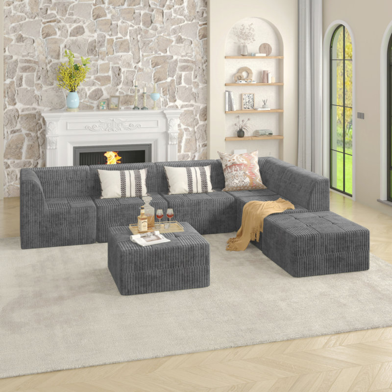 Canapé modulaire Boneless Vasya, Velours côtelé gris, H 29,92 po x l 130,32 po x P 98,23 po