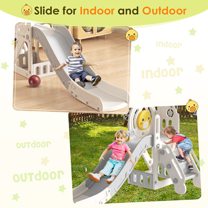 Gray and White 5-in-1 Toddler Slide with Basketball Hoop