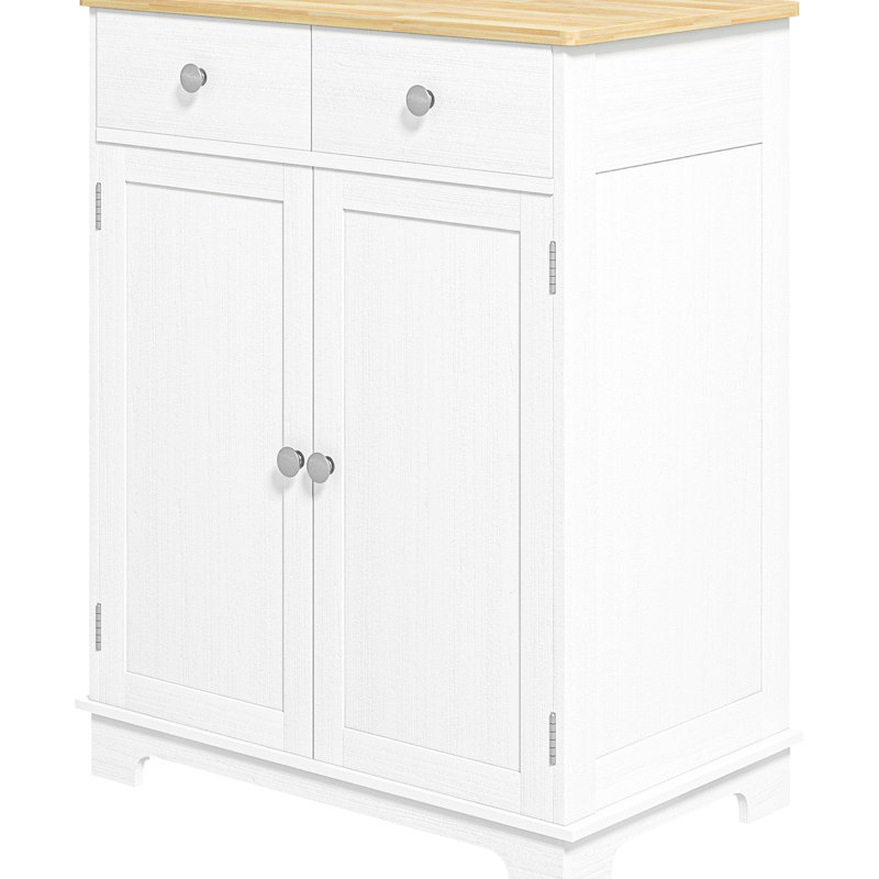 Buffet moderne pour la cuisine - comptoir en bois massif, 2 tiroirs, portes, tablette ajustable en blanc vieilli avec rangement, salle à manger