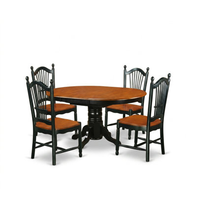 Ensemble de salle à manger ovale 5 pièces en bois d'hévéa massif fini cerisier noir, chaises à dossier à lattes avec piètement en forme de feuille de papillon