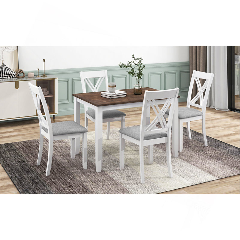 Ensemble de table de salle à manger 5 pièces en bois avec 4 fauteuils à dossier en X, White, White