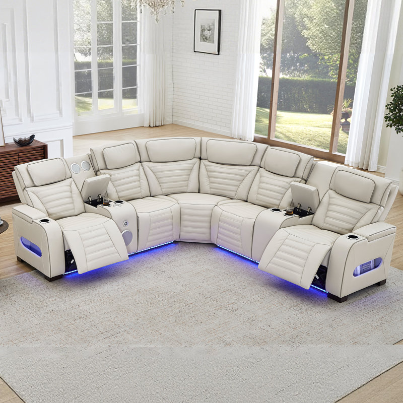 3-Piece 116.5''Wide Power Reclining Sectional With Blueooth Speeke And LED Lighting, White