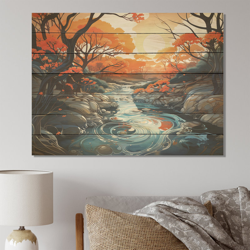 Orange et rivière bleue Serene Journey II - rivière sur bois, H 24 po x l 32 po x P 0,78 po