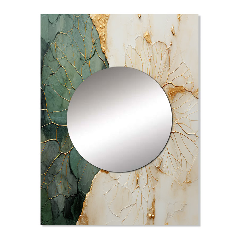Green Gold Minimalism Poteries I - Abstract Spirals Large Mirror, Green Decorative Wall Mirror, Printed Metal Art, 32" x 24"
