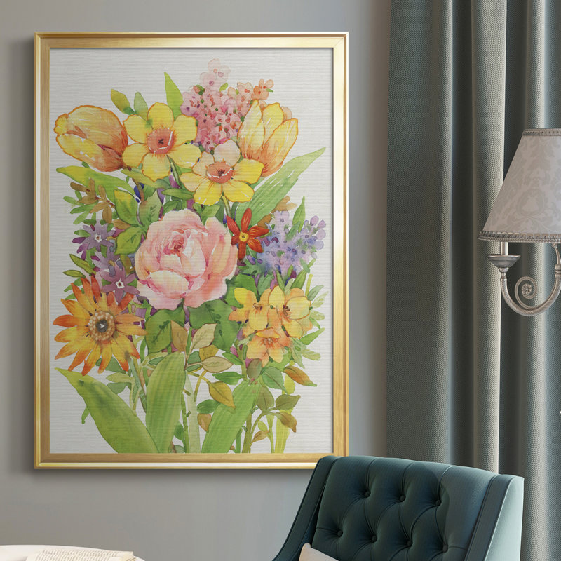 Floral Mix II, toile encadrée de qualité supérieure - prête à être accrochée, Or, H 24,5 po x l 18,5 po x P 1 po