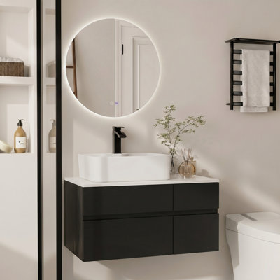 32" Modern Floating Bathroom Vanity with Sintered Stone Top and Ceramic Vessel Sink