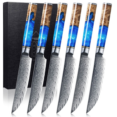 Senken Knives 6-Piece Damascus Steak Knife Set - Tsunami Collection - 67-Layer Japanese VG10 Steel - Razor Sharp Non-Serrated Blades, Resin & Natural
