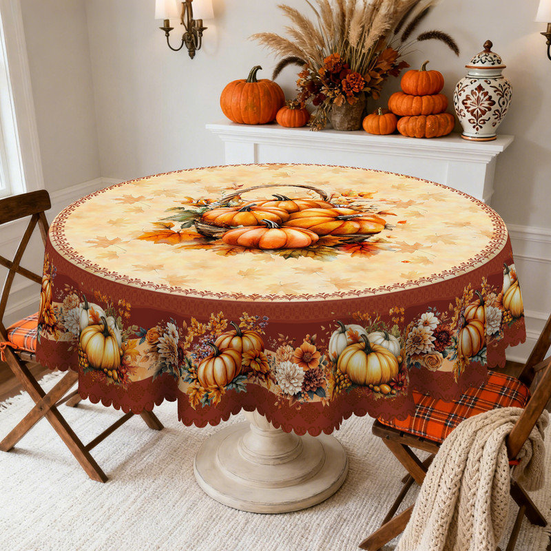 Golden Pumpkin Design Machine-Washable Polyester Tablecloth