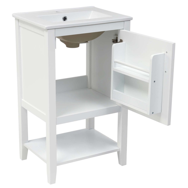 20" Bathroom Vanity With Sink, Bathroom Cabinet With Soft Closing Door, Storage Rack And Open Shelf, White