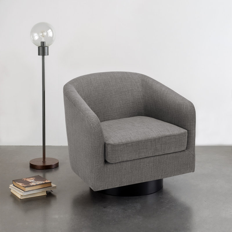 Fauteuil demi-tonneau pivotant en mélange de coton gris Applewold avec base en bois massif, Tissu gris
