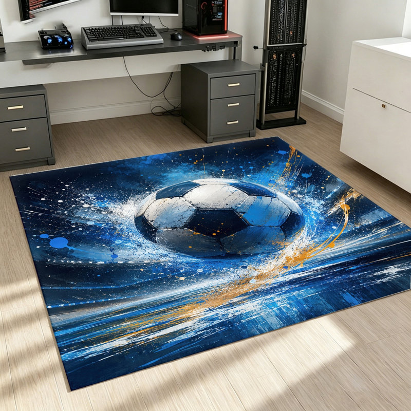 Dynamic Soccer Ball Area Rug, Splash Art Design, Non-Slip Indoor Floor Mat, Washable for Living Room, Bedroom, Home Decor and Accessories
