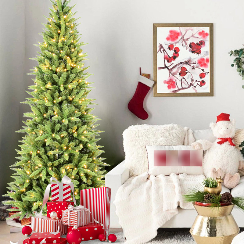 Arbre de Noël mince en forme de crayon de 7 pi avec 400 blancs chaleureux, 1180 pointes réalistes, lumières à DEL faciles à assembler, branches articulées pour espaces compacts, aspect complet